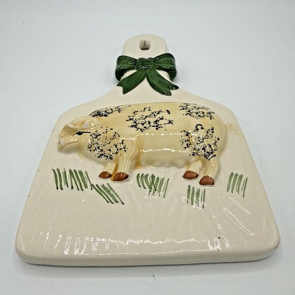 Country Kitchen Pig W/Bow Wall Hanging Trivet Decor Ceramic Painted 9.5” - Picture 8 of 12